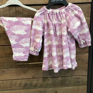 Milkbarn long sleeve dress and pant set. Purple hedgehogs size 6-12 months